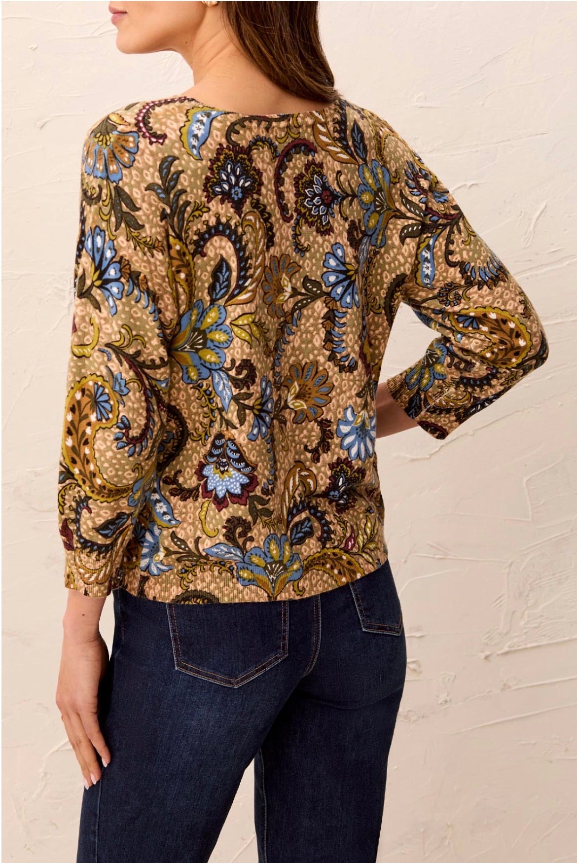 Tribal 3/4 Quarter Sleeve Crew Neck Sweater Brown Blue Pattern