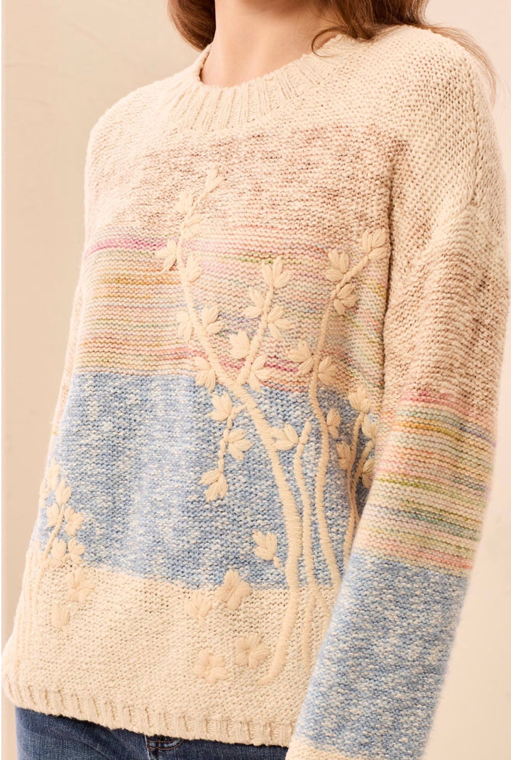 Tribal Long Sleeve Crew Neck Sweater Embroidery AZUE