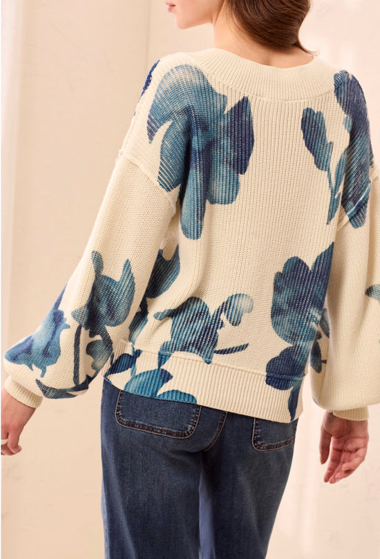 Tribal Puff Sleeve V Neck Cream Sweater with Blue Floral Design