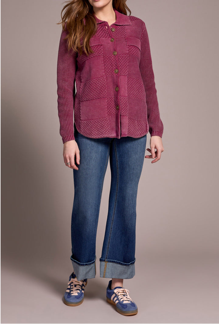 Tribal Sweater Shacket w/Special Wash Effect Plumwine
