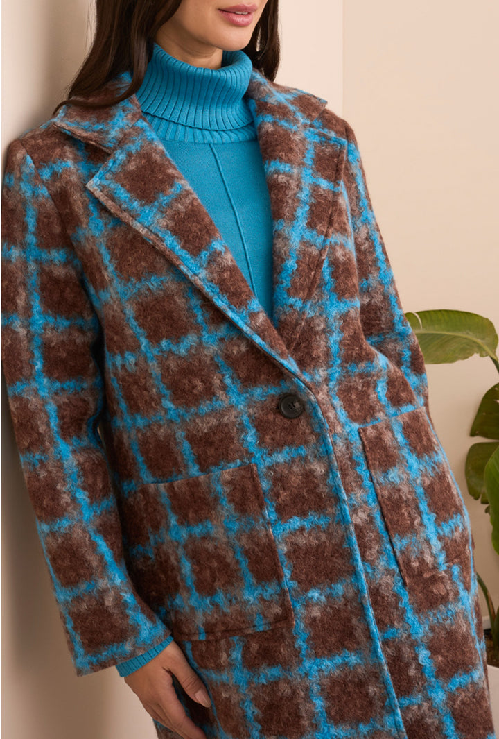 Tribal Button Front Cardigan/Coat Turquoise Brown Check