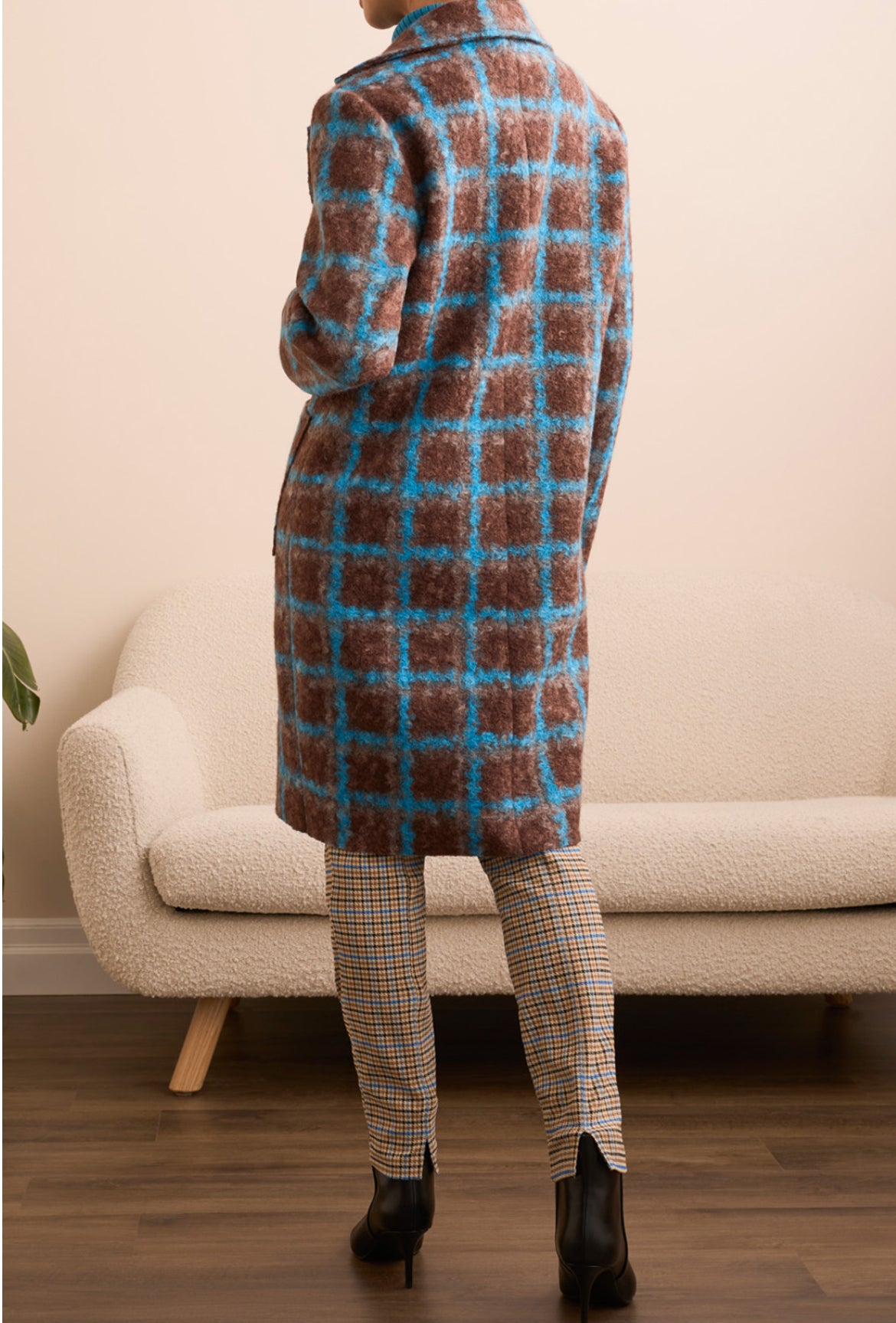 Tribal Button Front Cardigan/Coat Turquoise Brown Check