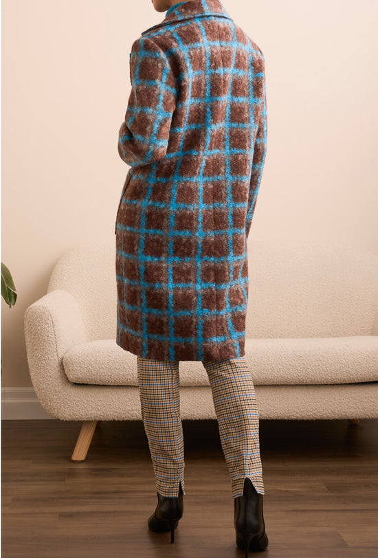 Tribal Button Front Cardigan/Coat Turquoise Brown Check