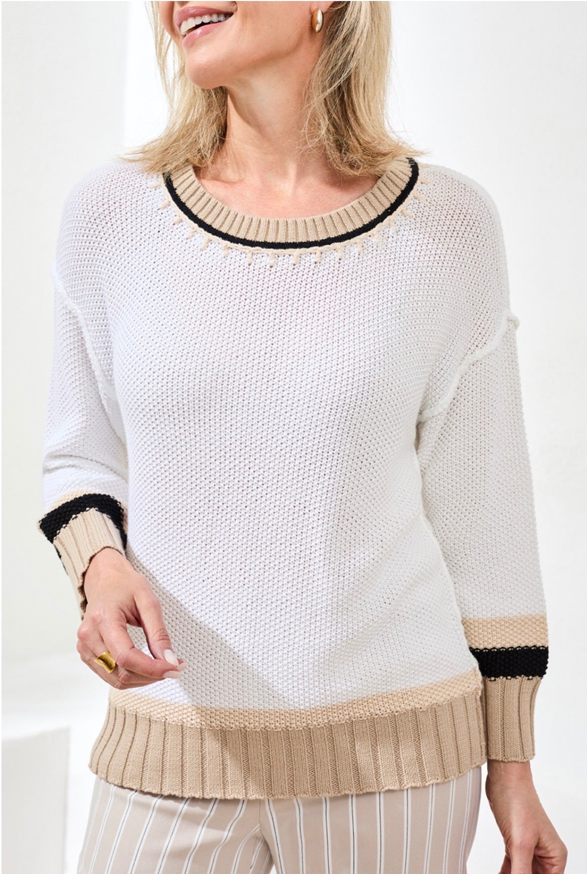 Tirbal 3/4 Sleeve White Crew Neck Sweater with Neutral Details