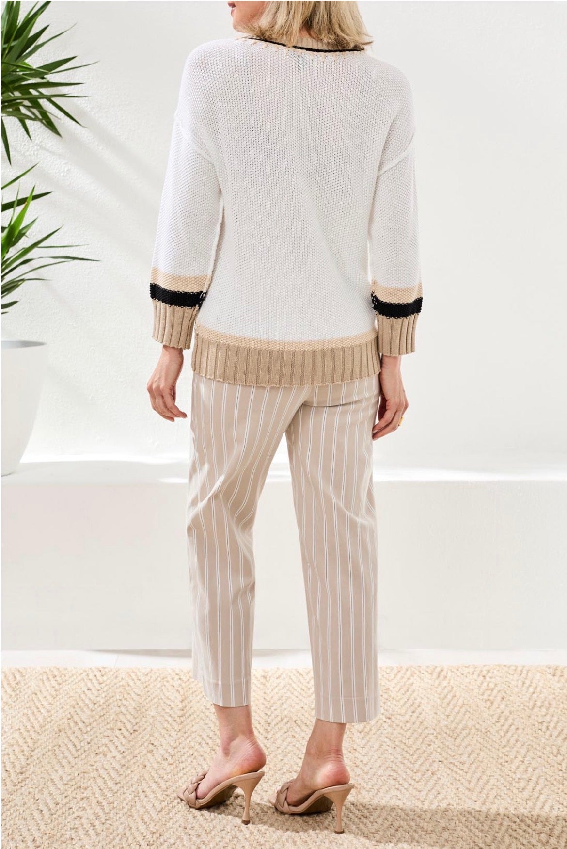 Tirbal 3/4 Sleeve White Crew Neck Sweater with Neutral Details