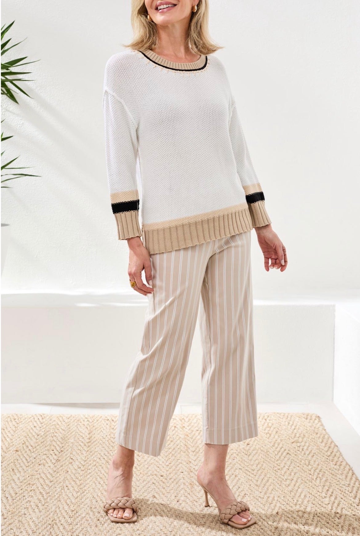 Tirbal 3/4 Sleeve White Crew Neck Sweater with Neutral Details