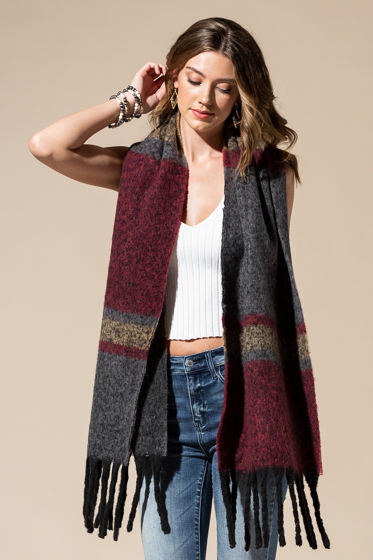 URBAN PLAID OBLONG SCARF BURGANDY/MULTI