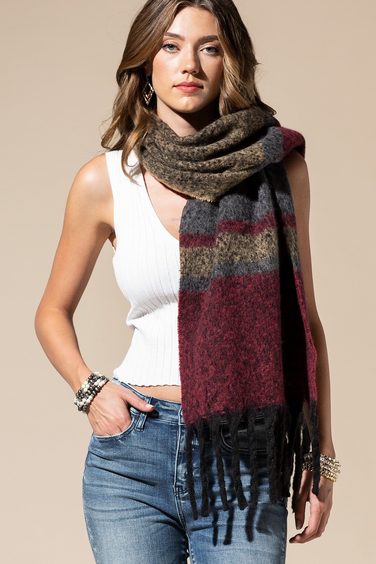 URBAN PLAID OBLONG SCARF BURGANDY/MULTI