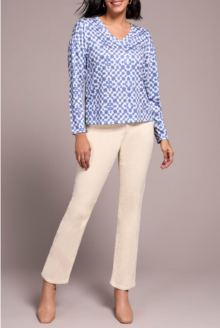 Tribal V Neck Knit Top w/Slits Geo Pattern Ultrablue/Cream