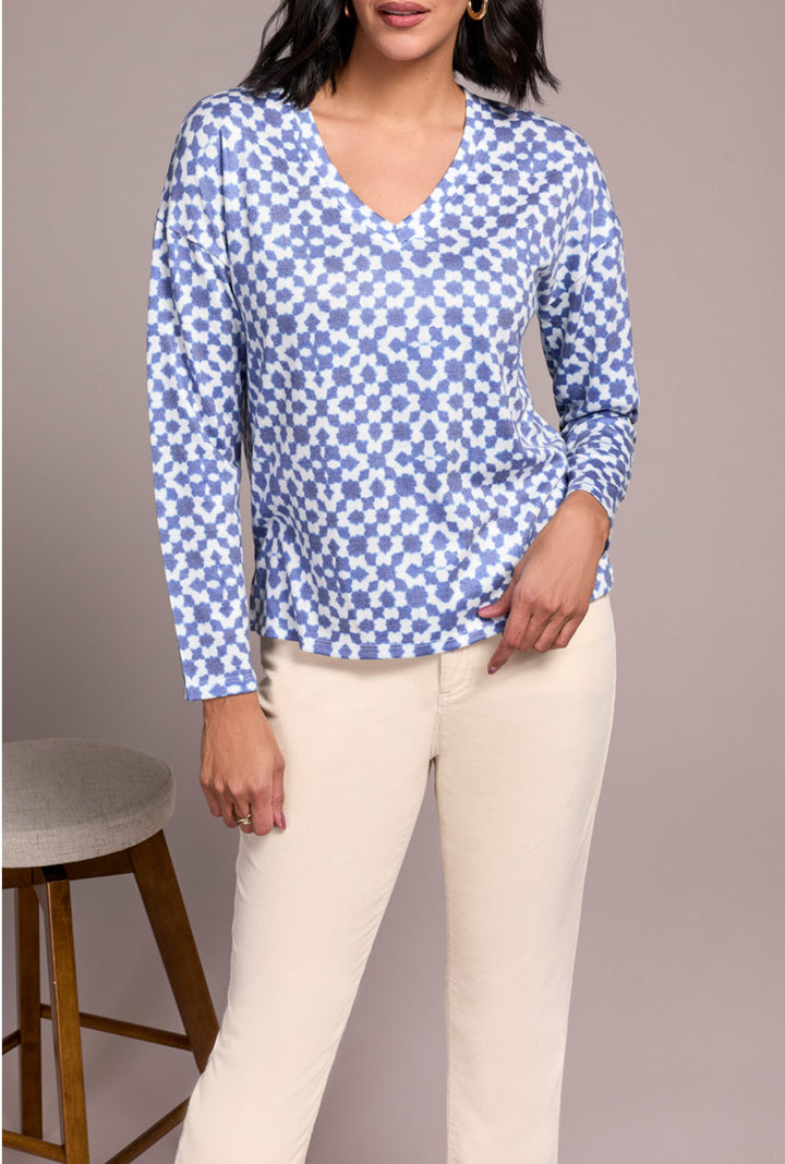 Tribal V Neck Knit Top w/Slits Geo Pattern Ultrablue/Cream