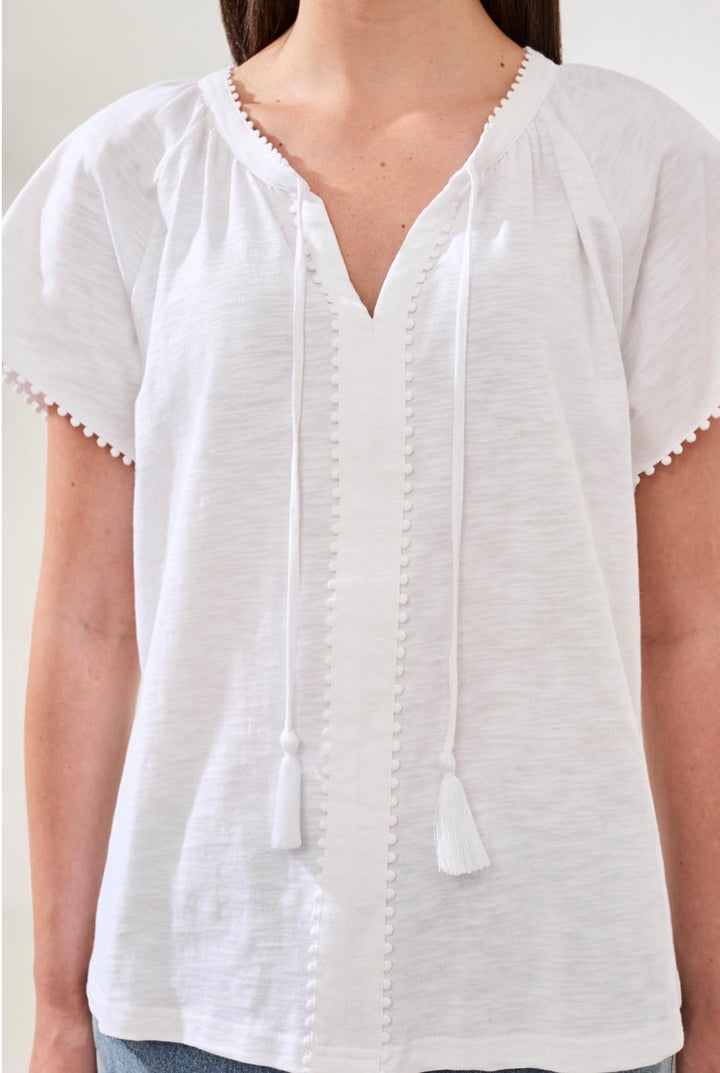 Tribal Short Sleeve Split Neck Top with Tassel White