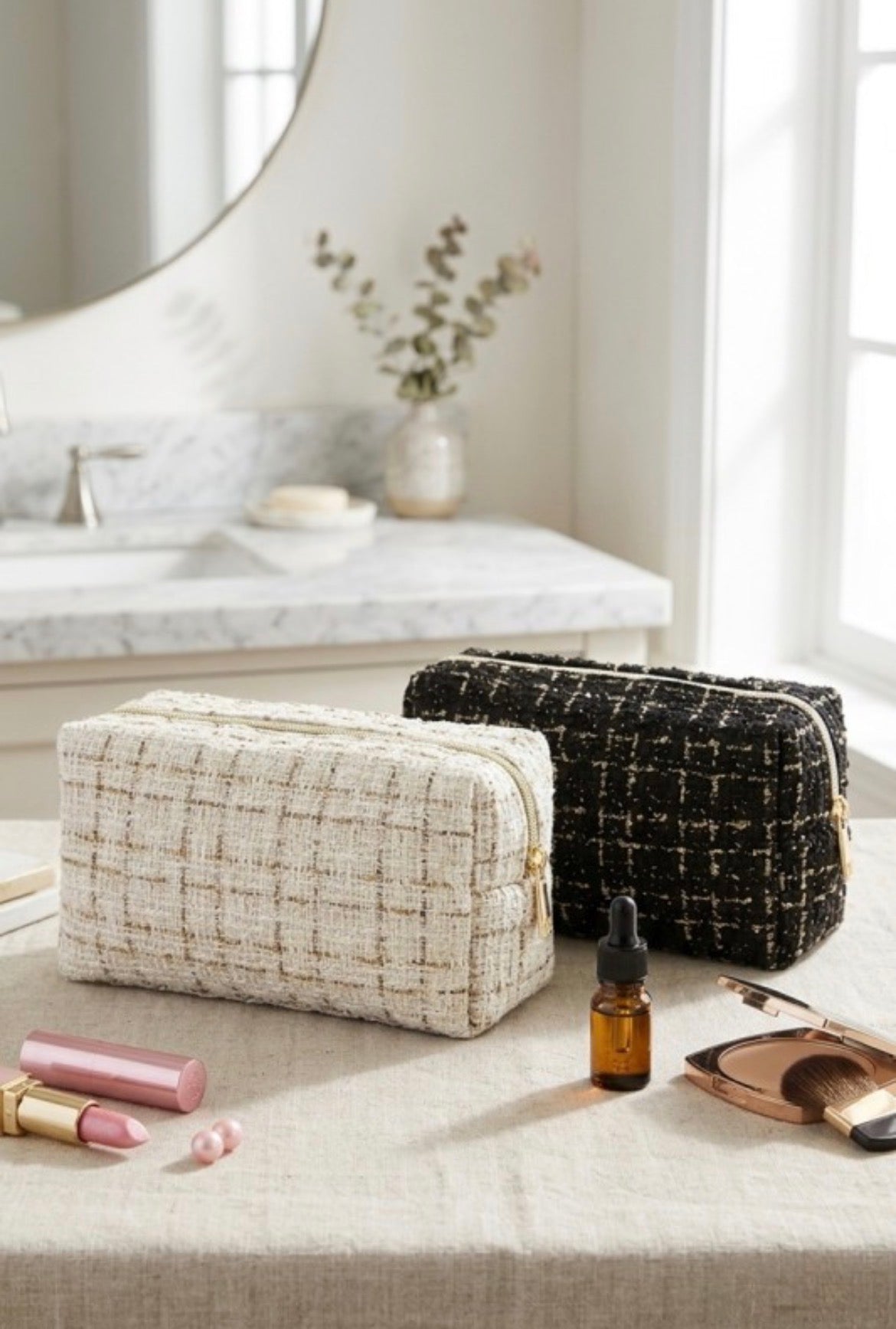 ZEN Gold Checkered Woven Cosmetic Bag