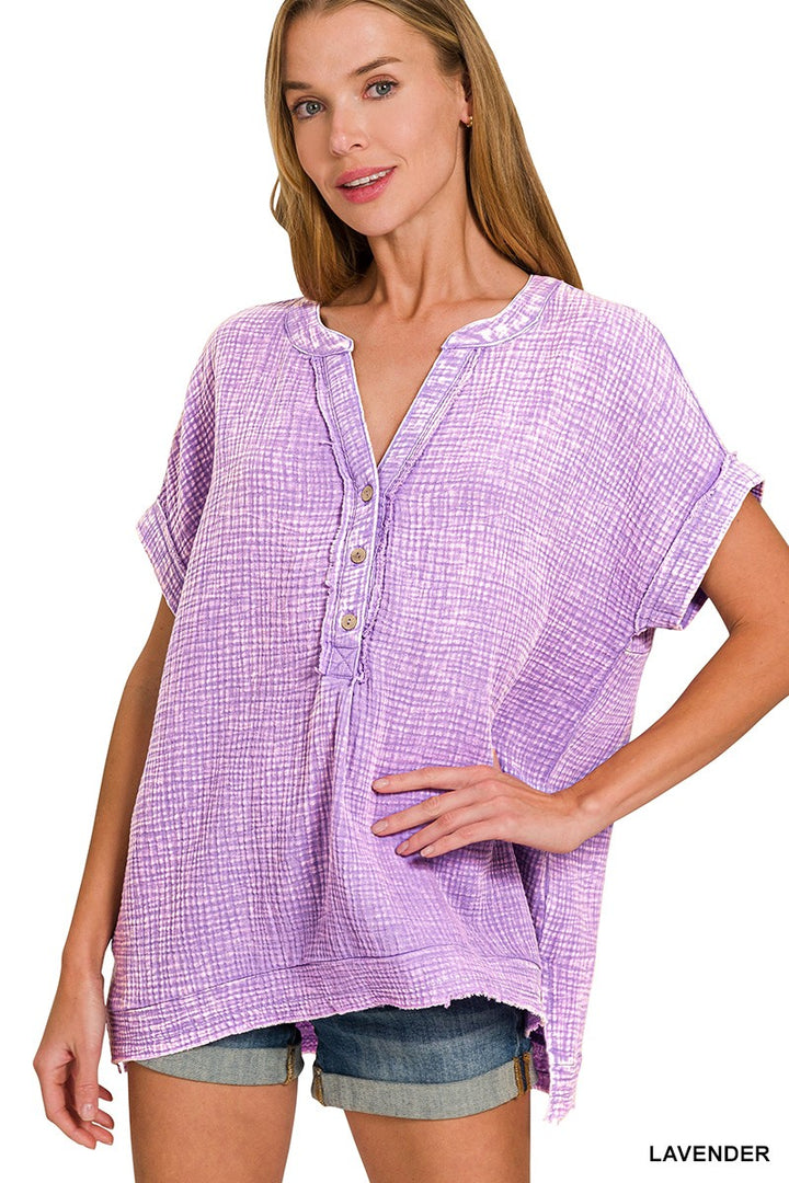 ZENANA Henley Gauze S/S Top Lavender