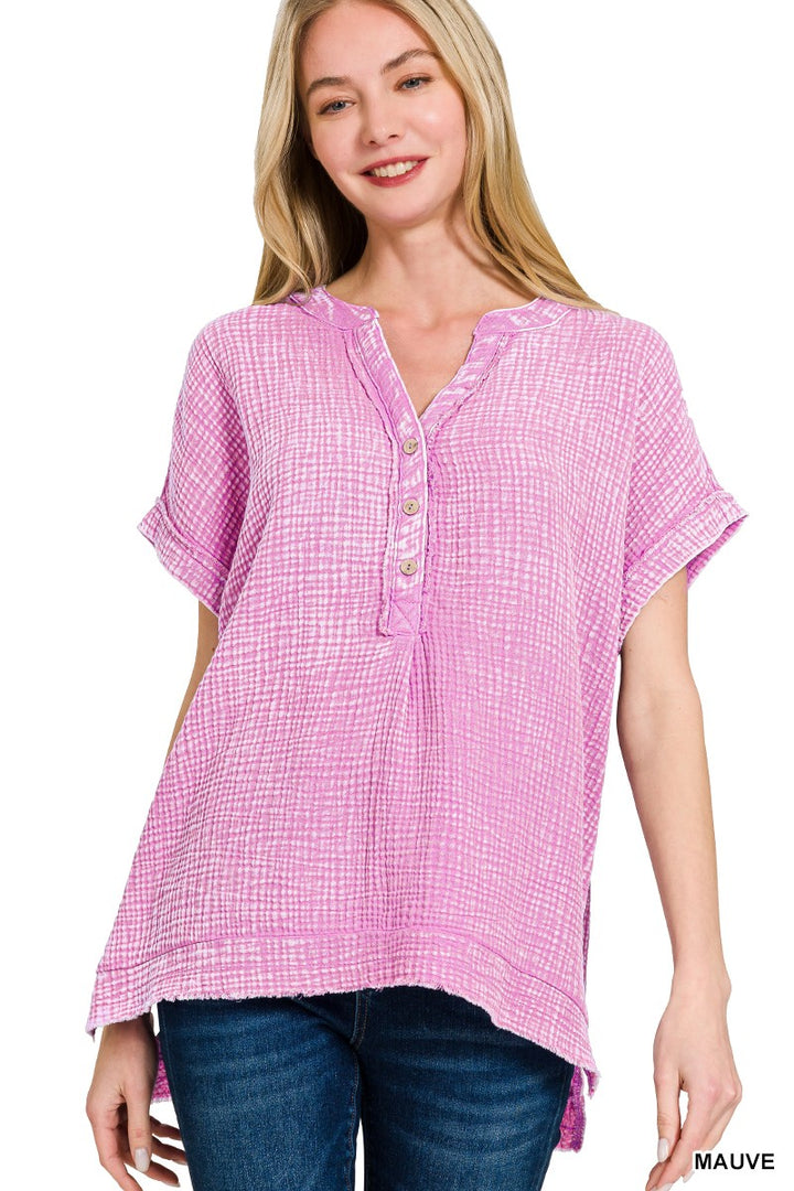ZENANA Henley Gauze S/S Top Mauve