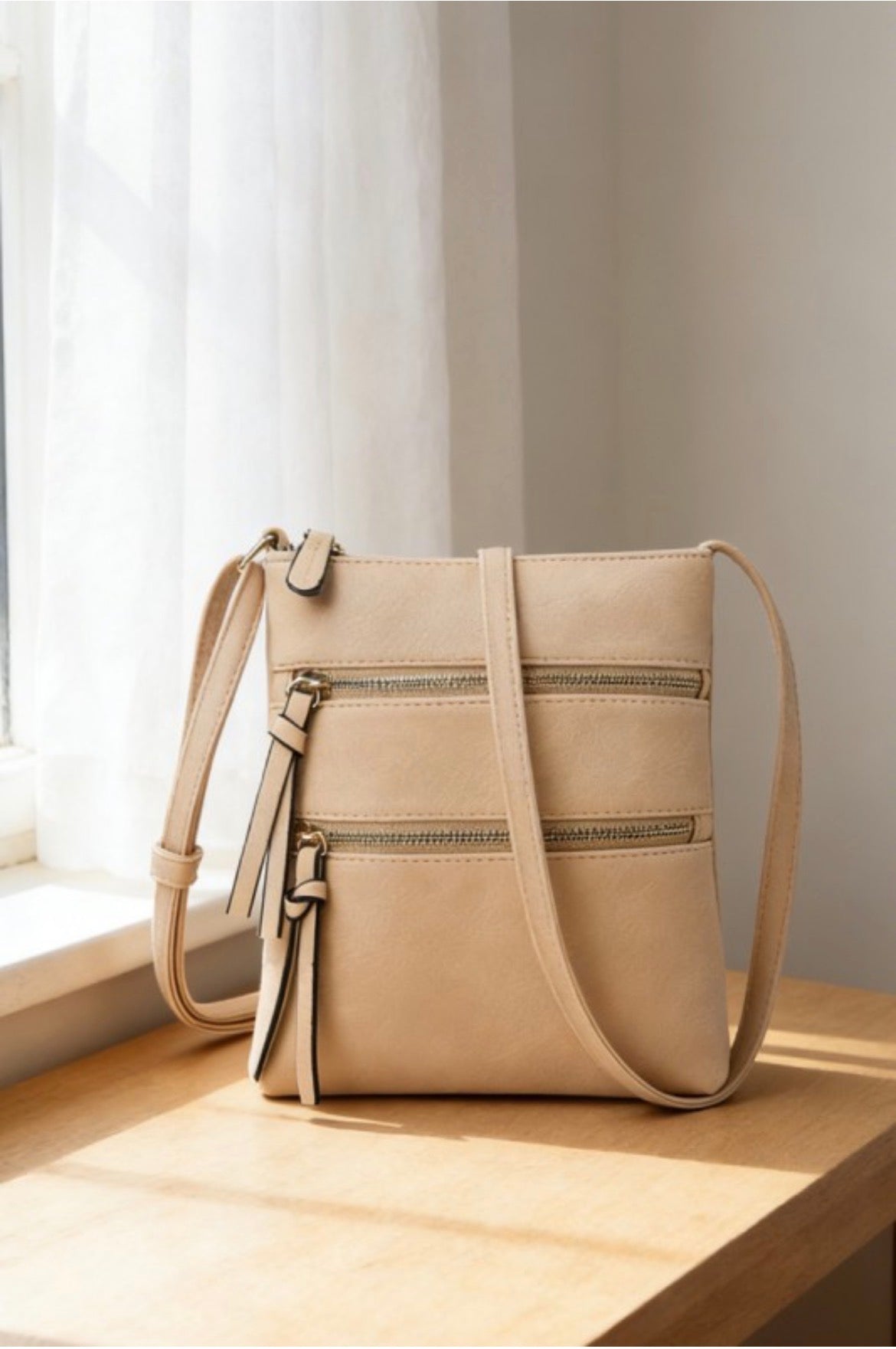 ZEN Vegan Leather Triple Zipper Crossbody Shoulder Bag