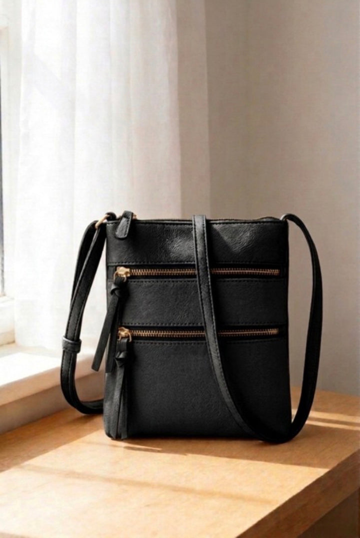 ZEN Vegan Leather Triple Zipper Crossbody Shoulder Bag
