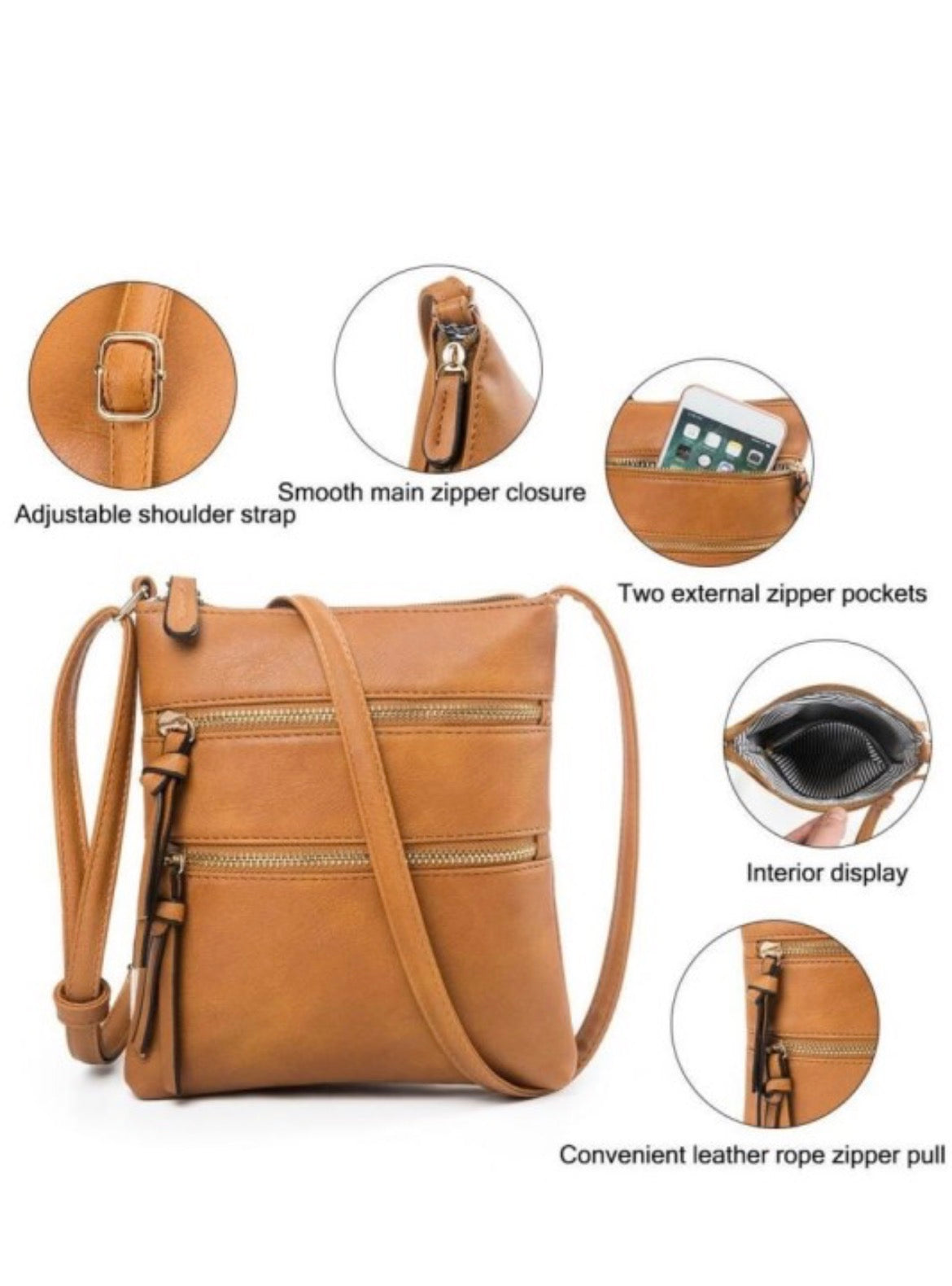 ZEN Vegan Leather Triple Zipper Crossbody Shoulder Bag