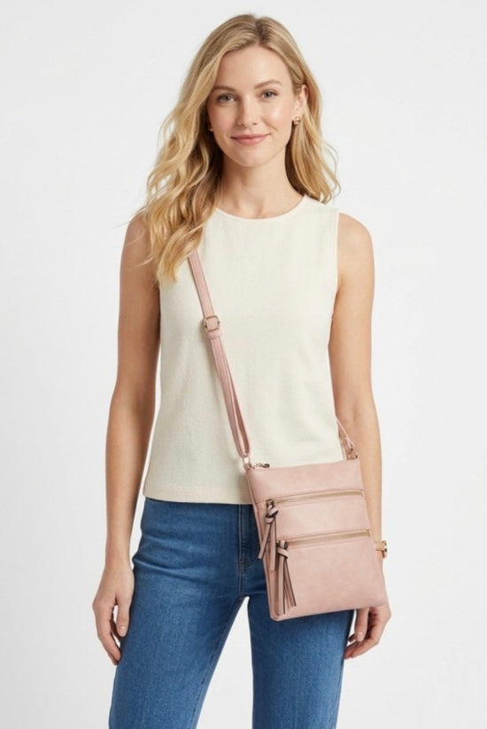 ZEN Vegan Leather Triple Zipper Crossbody Shoulder Bag