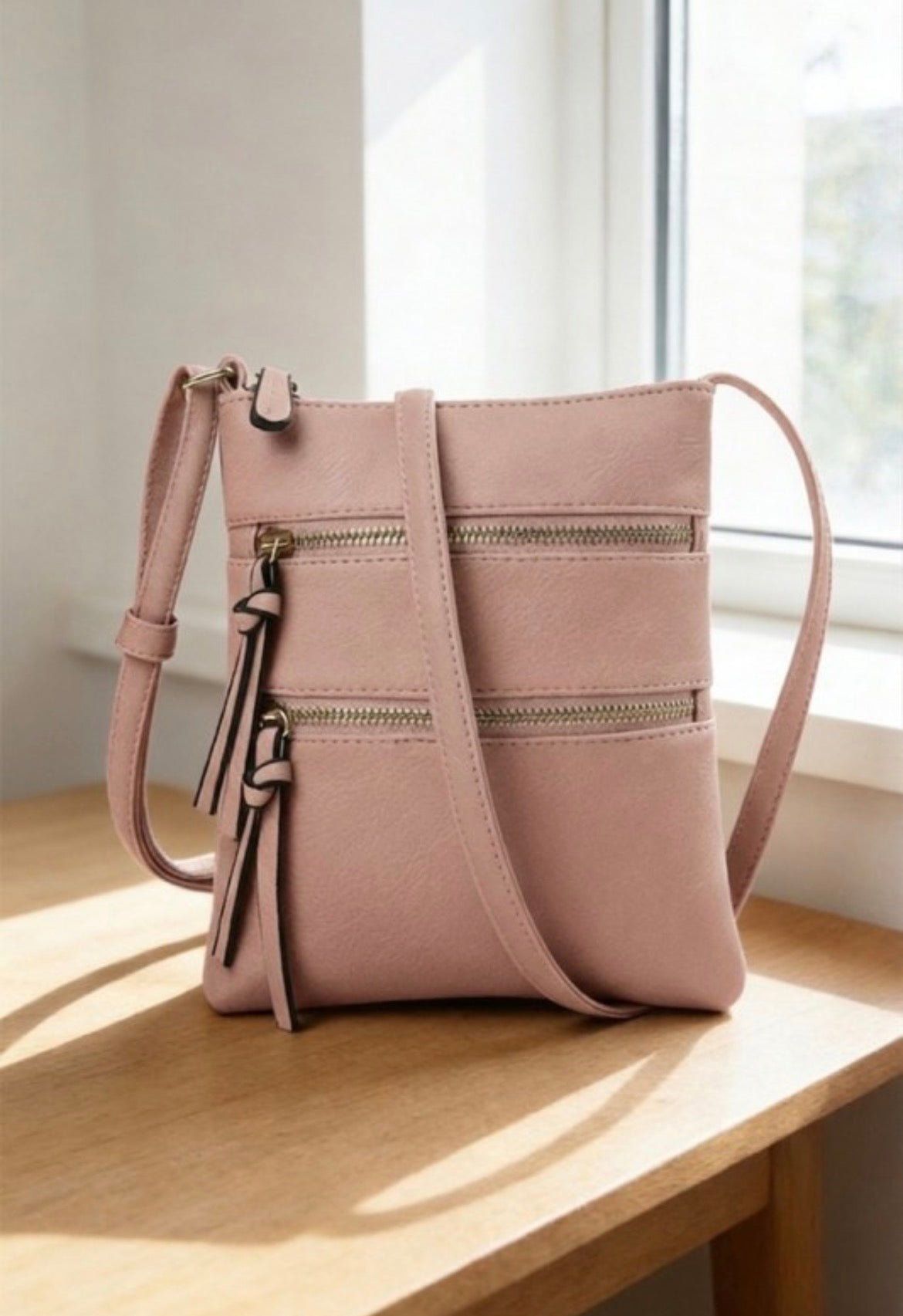 ZEN Vegan Leather Triple Zipper Crossbody Shoulder Bag