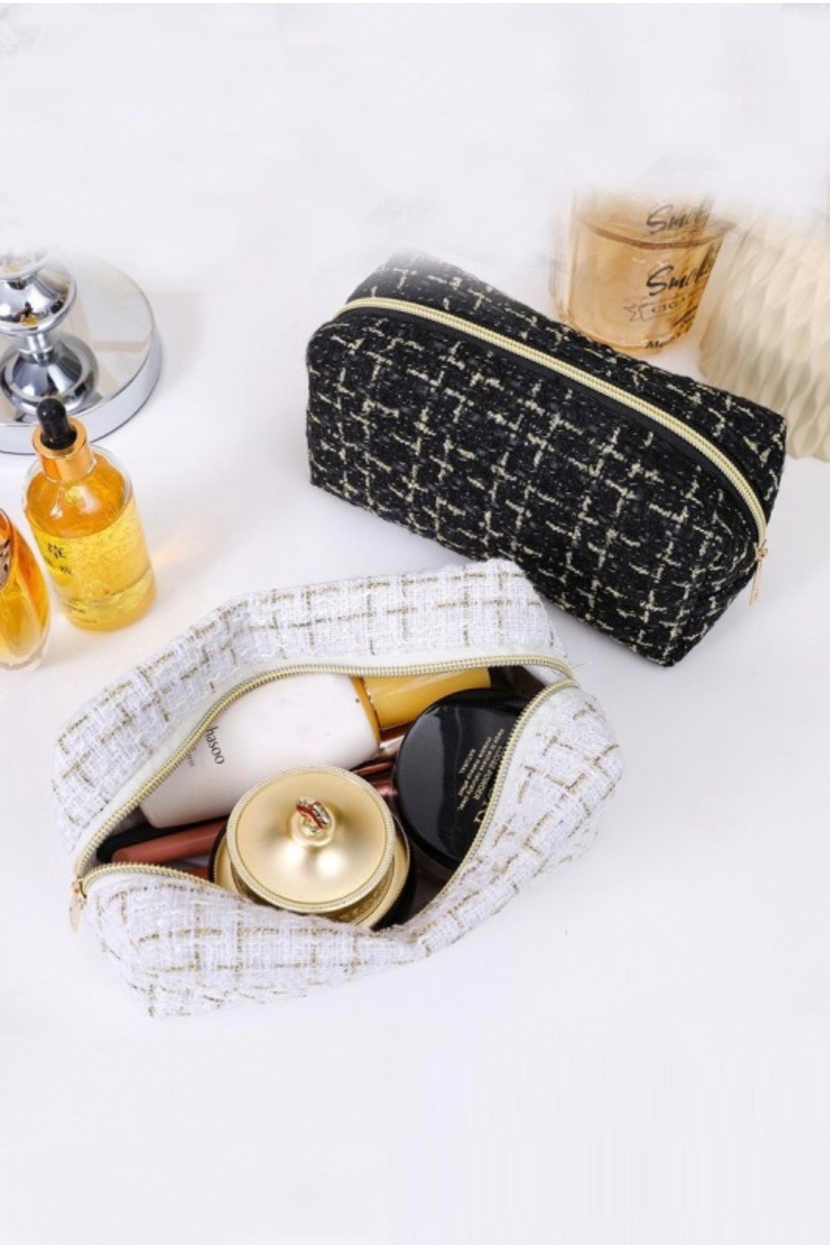 ZEN Gold Checkered Woven Cosmetic Bag