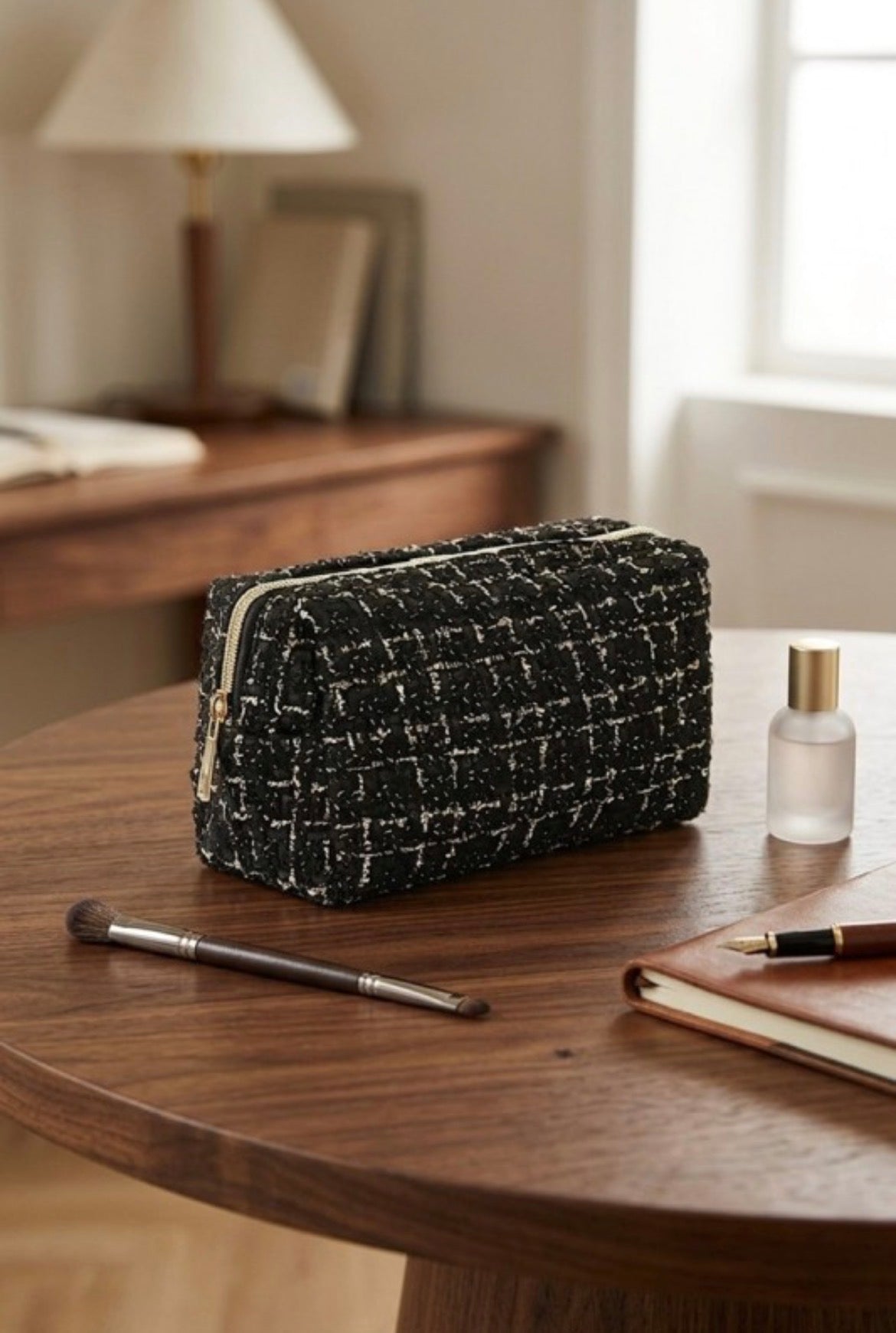 ZEN Gold Checkered Woven Cosmetic Bag