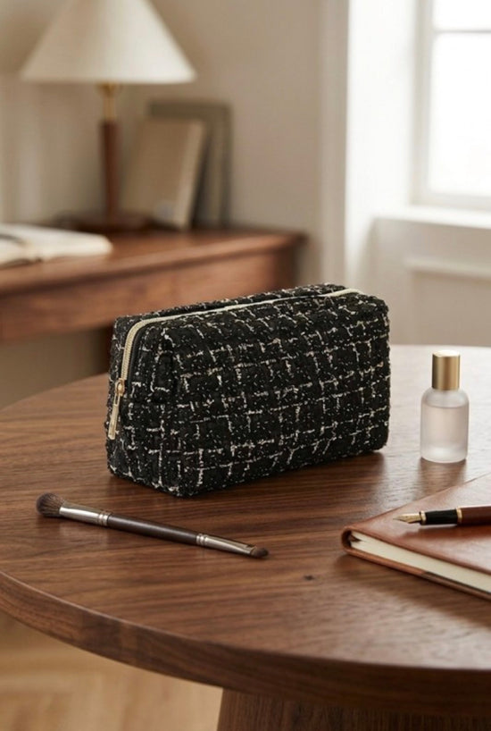 ZEN Gold Checkered Woven Cosmetic Bag