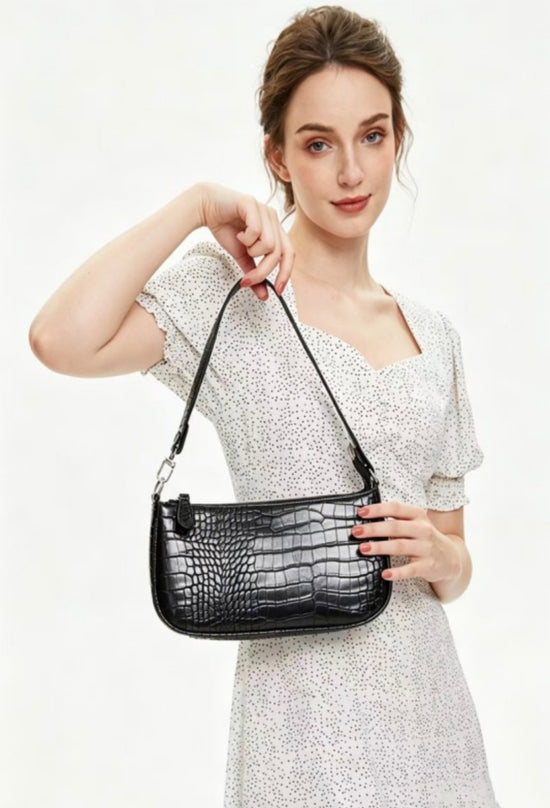 ZEN Crocodile Pattern Clutch Shoulder Purse Black