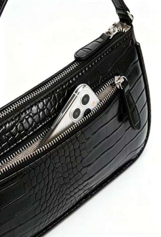 ZEN Crocodile Pattern Clutch Shoulder Purse Black