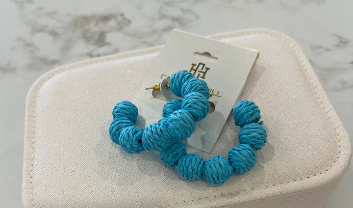 CH 932 Turq Straw Ball Hoop Earrings